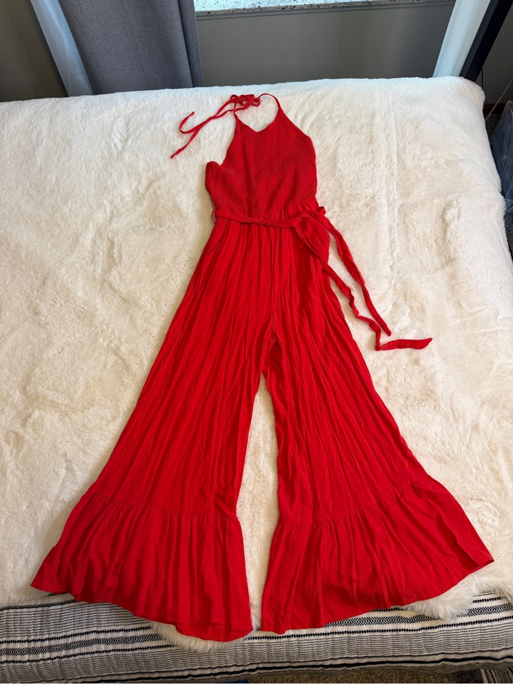 She + Sky Red Halter Smocked Wide-Leg Jumpsuit